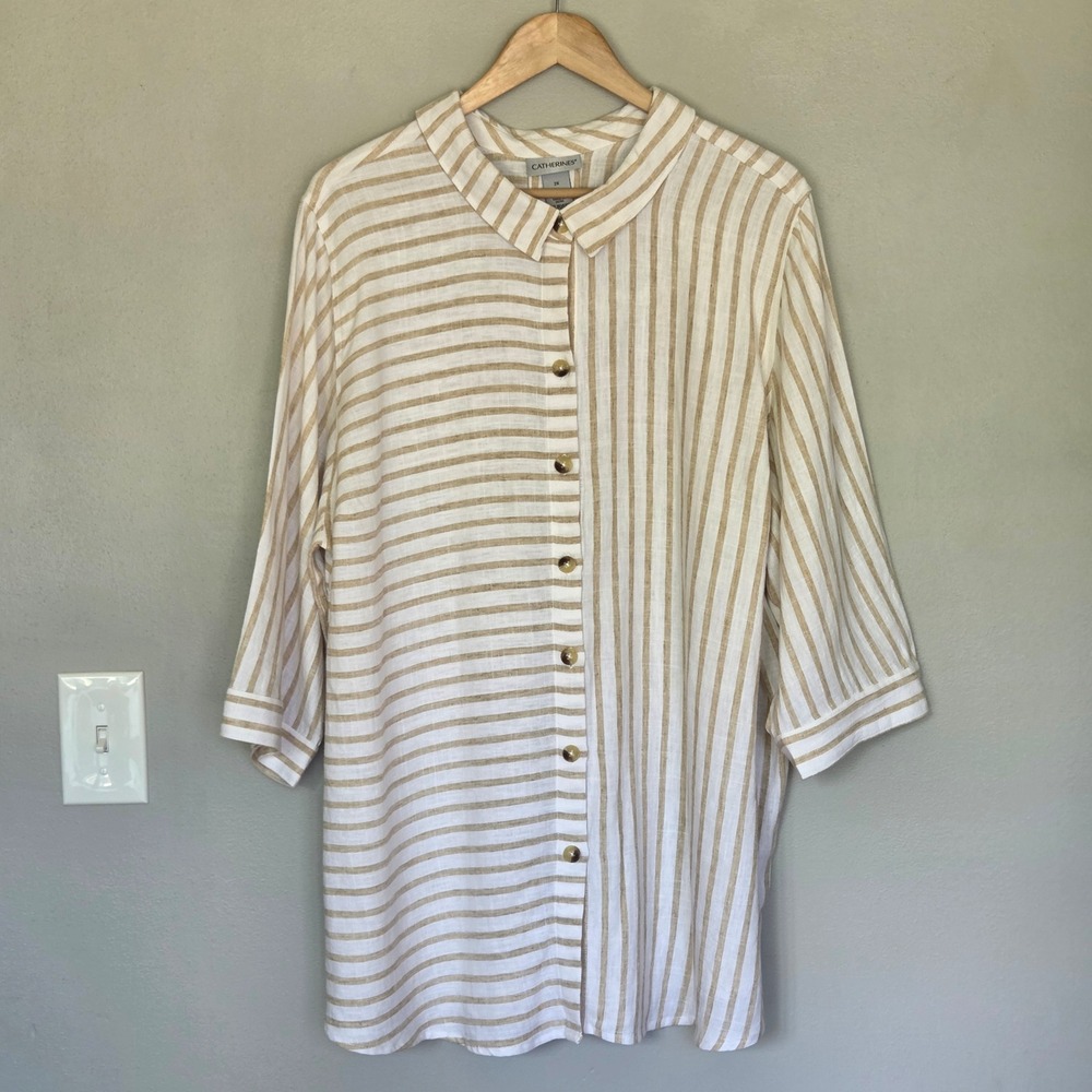Catherines Linen Top Womens 2X Neutral Striped Button Up Coastal Beach Nautical